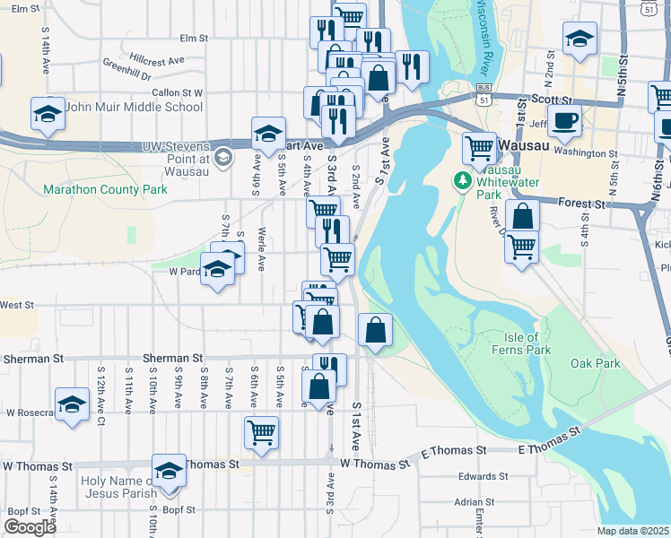 map of restaurants, bars, coffee shops, grocery stores, and more near 716 South 1st Avenue in Wausau