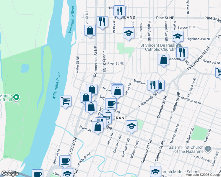 map of restaurants, bars, coffee shops, grocery stores, and more near 425 Norway Street Northeast in Salem