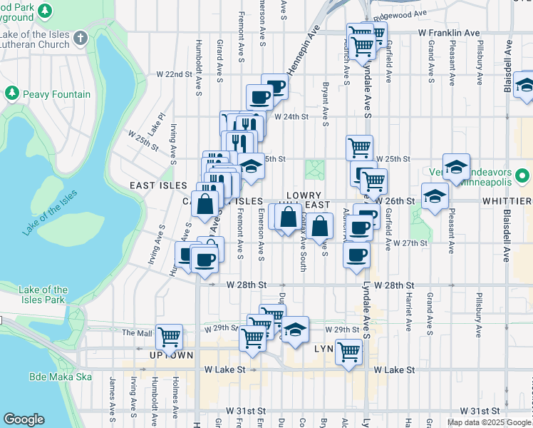 map of restaurants, bars, coffee shops, grocery stores, and more near 2615 Emerson Avenue South in Minneapolis
