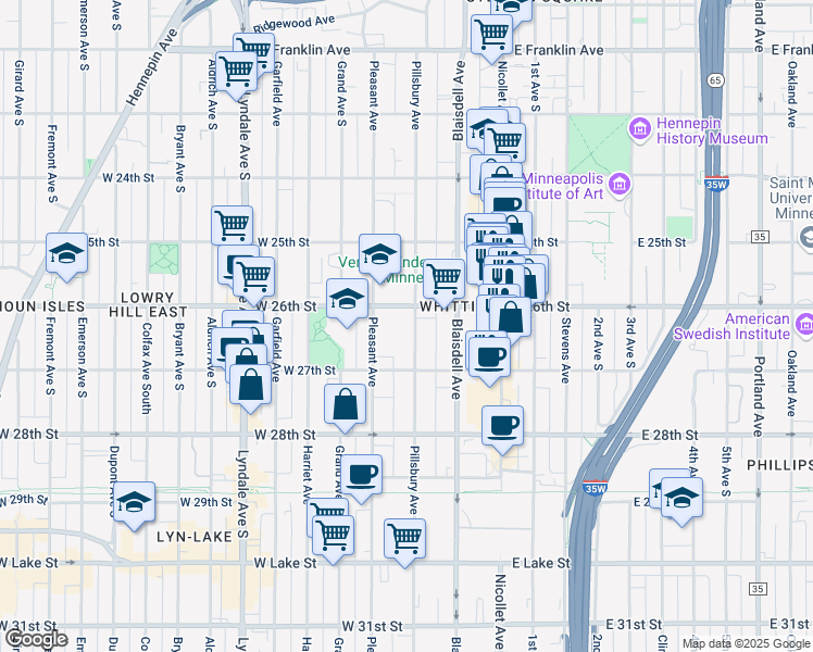 map of restaurants, bars, coffee shops, grocery stores, and more near 2612 Pillsbury Avenue in Minneapolis
