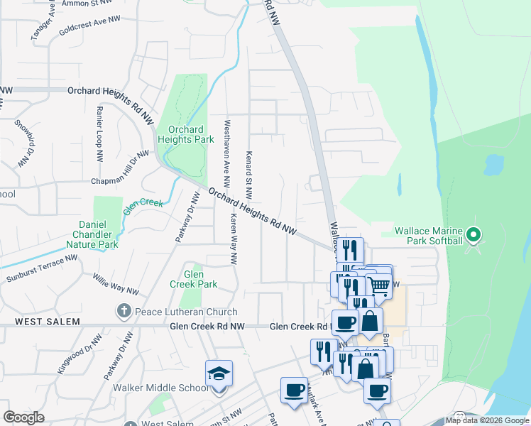 map of restaurants, bars, coffee shops, grocery stores, and more near 923 Orchard Heights Road Northwest in Salem