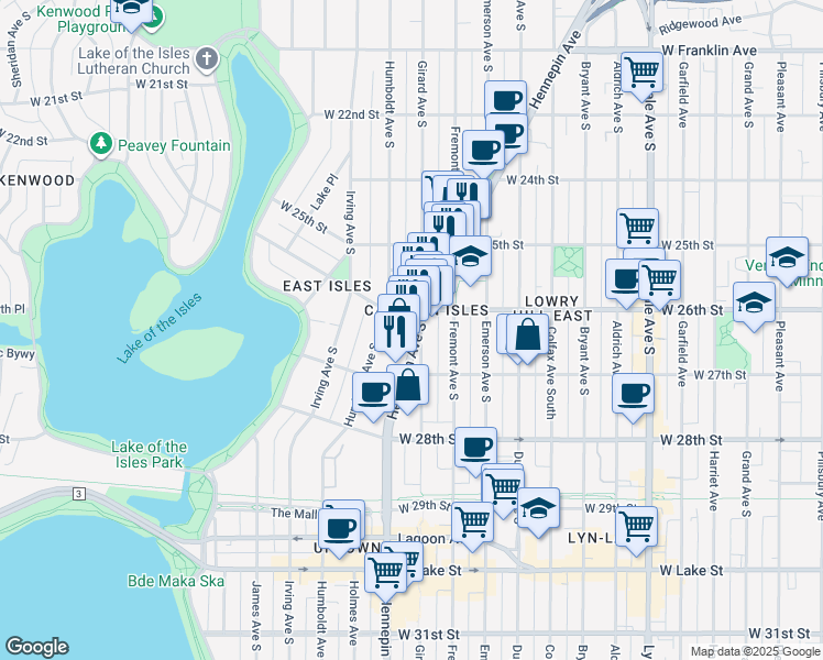 map of restaurants, bars, coffee shops, grocery stores, and more near 2616 Hennepin Avenue in Minneapolis