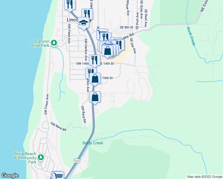 map of restaurants, bars, coffee shops, grocery stores, and more near 1585 Southeast 19th Street in Lincoln City