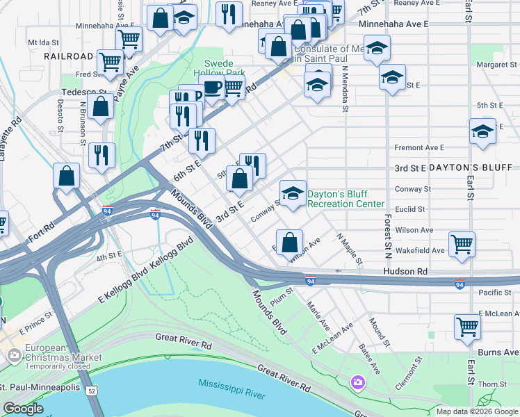 map of restaurants, bars, coffee shops, grocery stores, and more near 695 Conway Street in Saint Paul