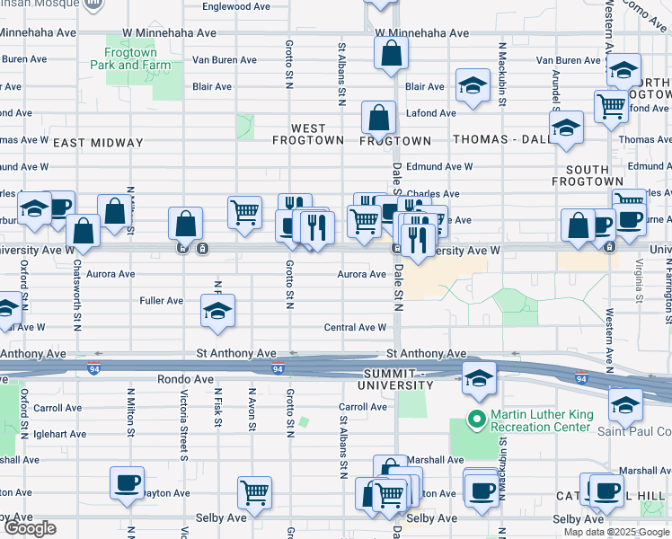 map of restaurants, bars, coffee shops, grocery stores, and more near 681 Aurora Avenue in Saint Paul