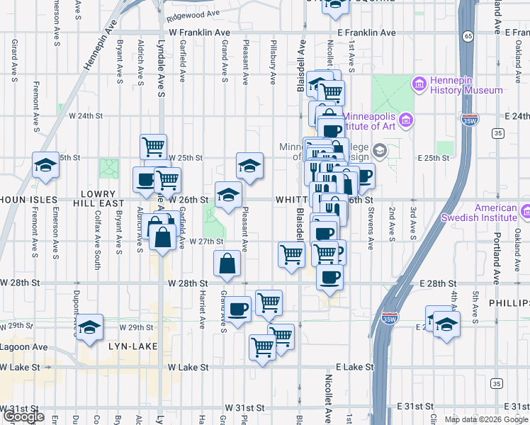 map of restaurants, bars, coffee shops, grocery stores, and more near in Minneapolis