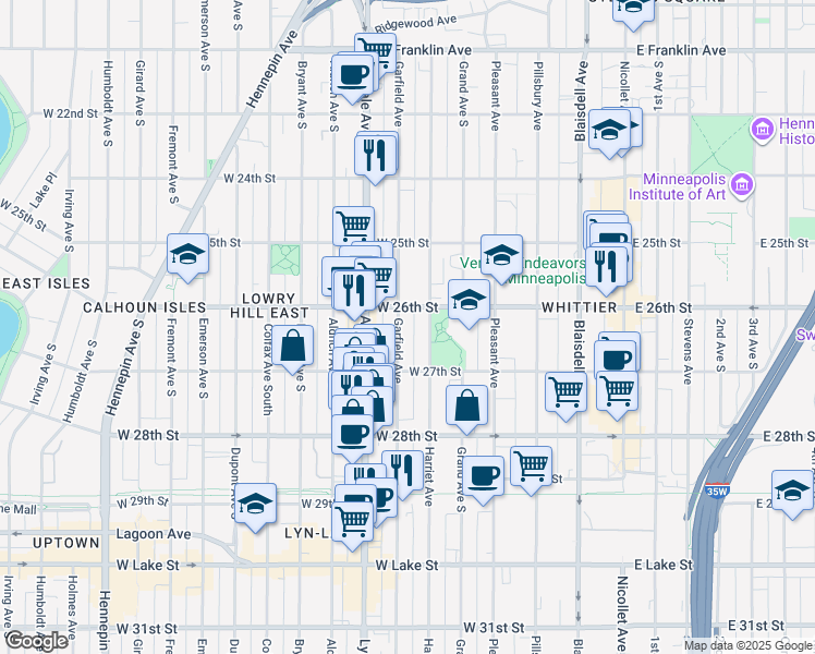 map of restaurants, bars, coffee shops, grocery stores, and more near 2615 Garfield Avenue in Minneapolis