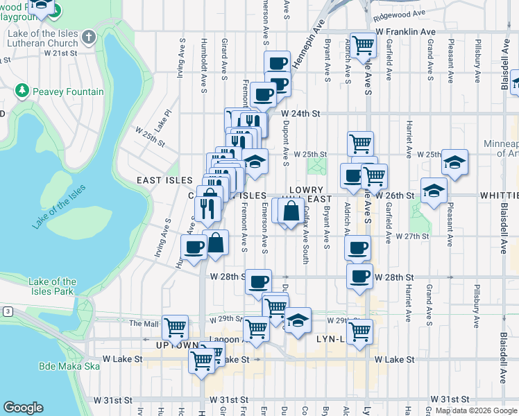 map of restaurants, bars, coffee shops, grocery stores, and more near in Minneapolis