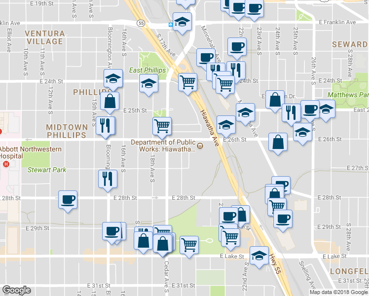 map of restaurants, bars, coffee shops, grocery stores, and more near 2615 Longfellow Avenue in Minneapolis