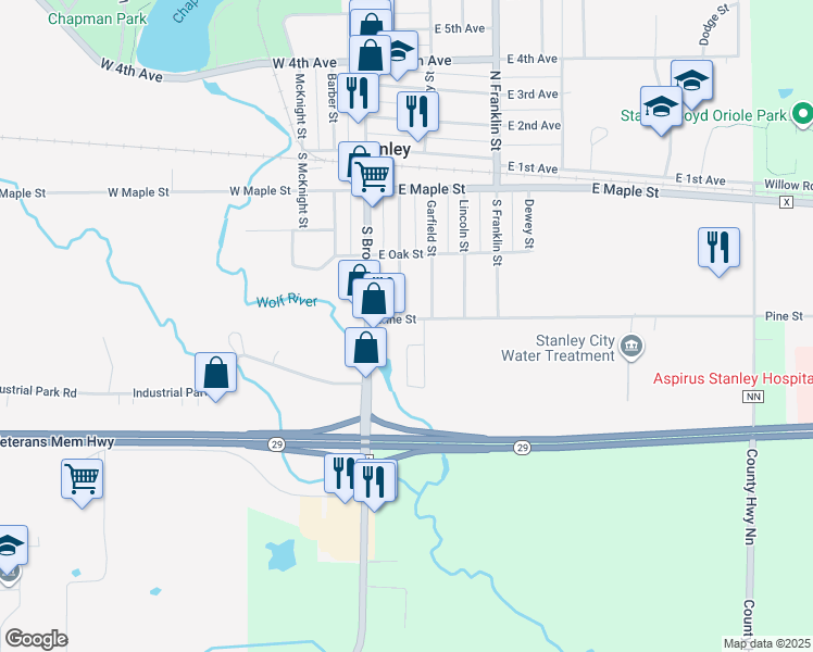 map of restaurants, bars, coffee shops, grocery stores, and more near 201 Pine Street in Stanley