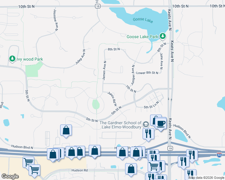 map of restaurants, bars, coffee shops, grocery stores, and more near 9562 Junco Road North in Lake Elmo