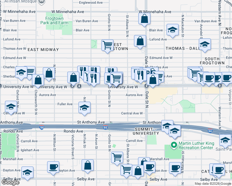 map of restaurants, bars, coffee shops, grocery stores, and more near 719 Aurora Avenue in Saint Paul