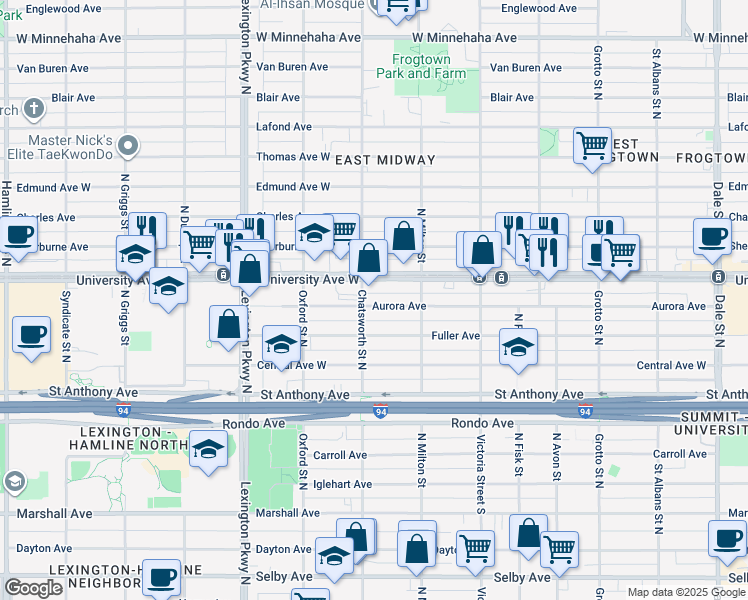 map of restaurants, bars, coffee shops, grocery stores, and more near 971 Aurora Avenue in Saint Paul