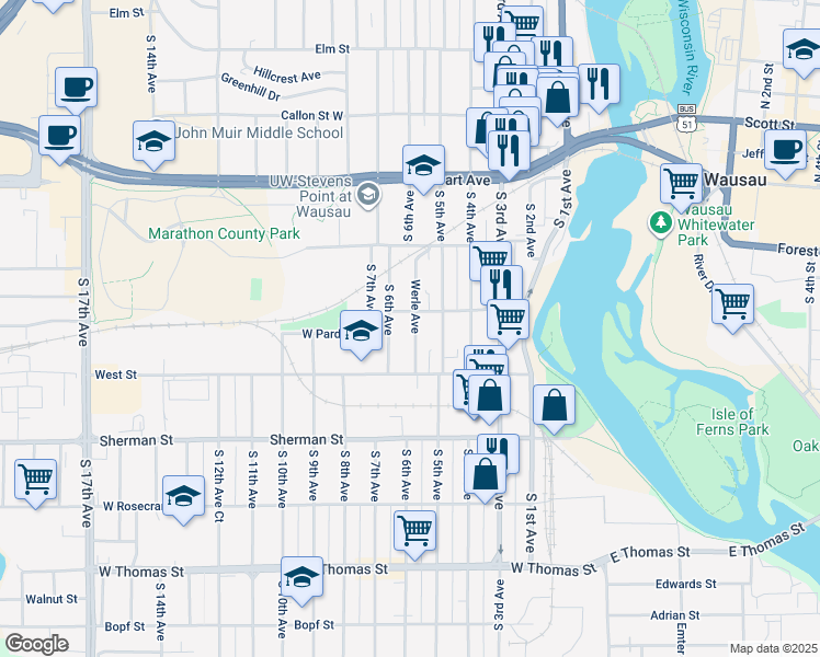 map of restaurants, bars, coffee shops, grocery stores, and more near 710 Werle Avenue in Wausau