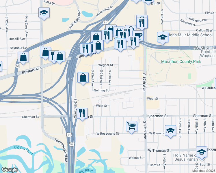 map of restaurants, bars, coffee shops, grocery stores, and more near 706 South 20th Avenue in Wausau