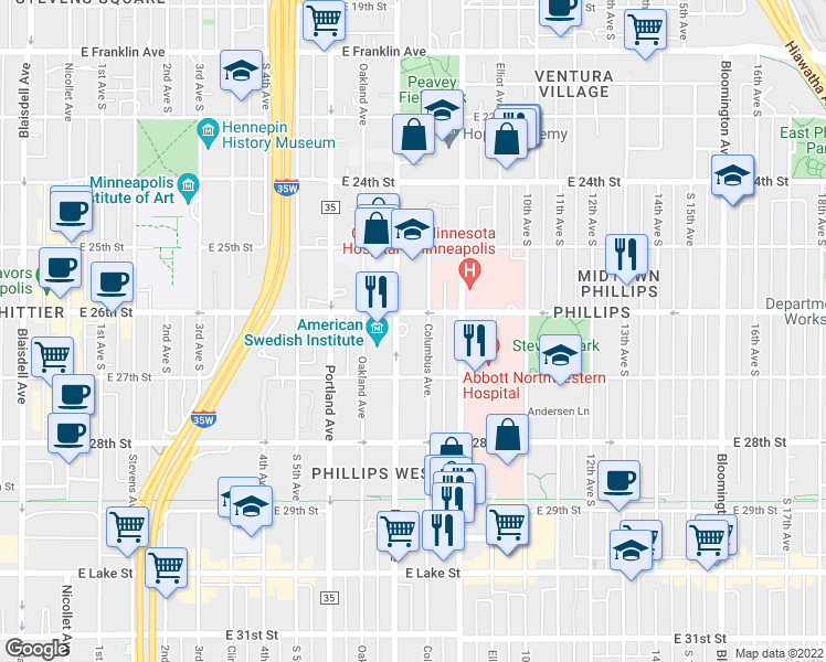 map of restaurants, bars, coffee shops, grocery stores, and more near 2615 Columbus Avenue in Minneapolis