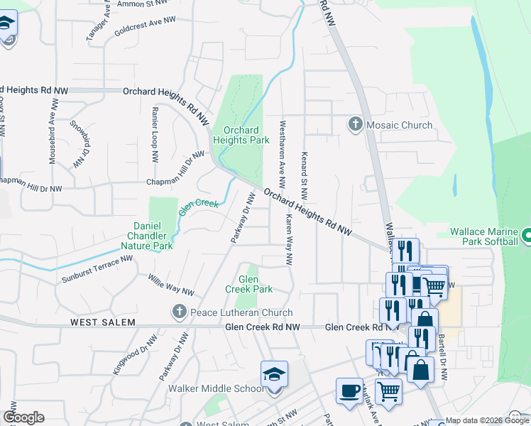 map of restaurants, bars, coffee shops, grocery stores, and more near 1385 West Way Northwest in Salem