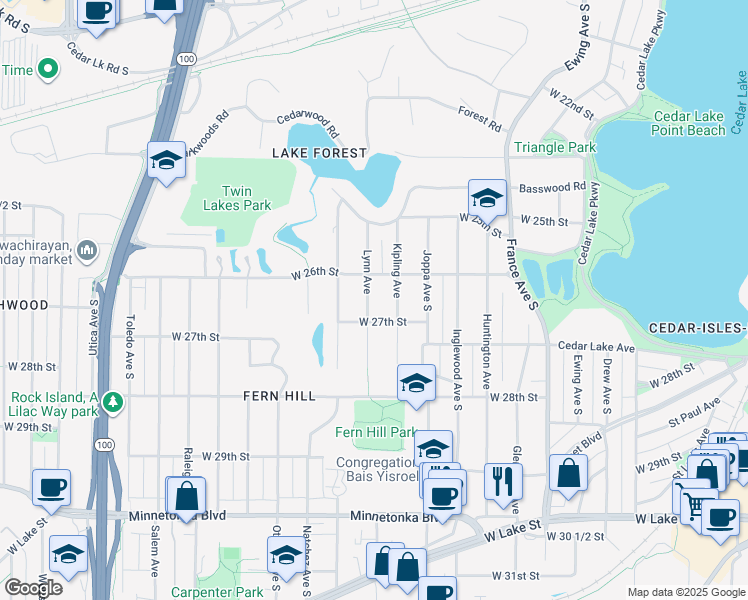 map of restaurants, bars, coffee shops, grocery stores, and more near 2625 Lynn Avenue in Minneapolis