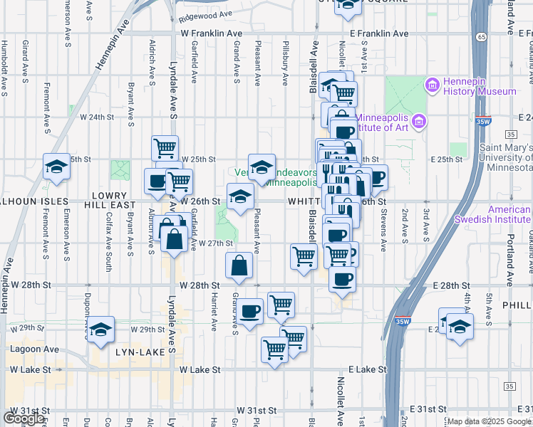 map of restaurants, bars, coffee shops, grocery stores, and more near 2612 Pillsbury Avenue in Minneapolis