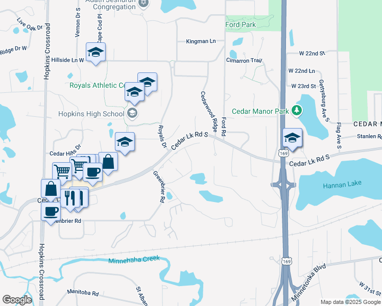 map of restaurants, bars, coffee shops, grocery stores, and more near 10111 Cedar Lake Road in Hopkins