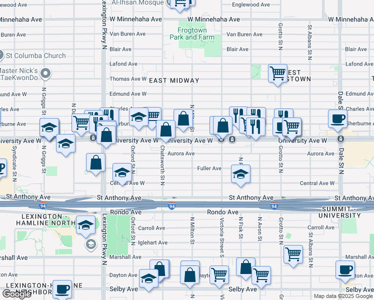 map of restaurants, bars, coffee shops, grocery stores, and more near 929 Aurora Avenue in Saint Paul