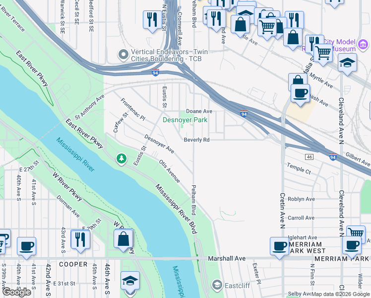 map of restaurants, bars, coffee shops, grocery stores, and more near 383 Pelham Boulevard in Saint Paul