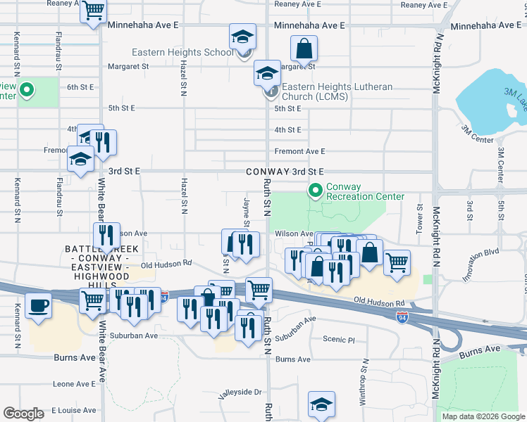 map of restaurants, bars, coffee shops, grocery stores, and more near 451 Ruth Street North in Saint Paul