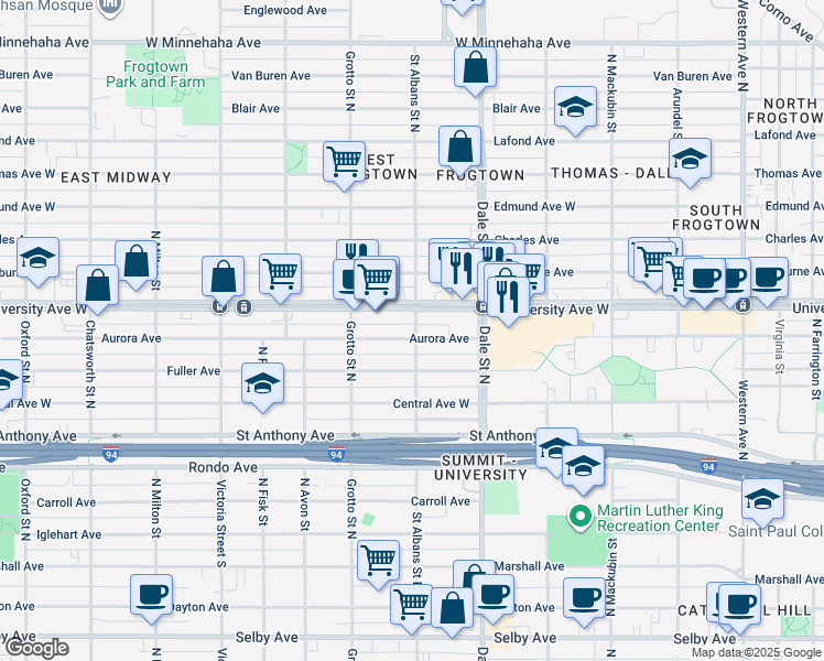map of restaurants, bars, coffee shops, grocery stores, and more near 681 Aurora Avenue in Saint Paul
