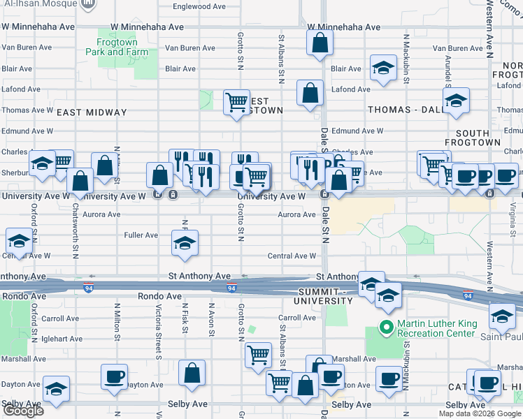 map of restaurants, bars, coffee shops, grocery stores, and more near 719 Aurora Avenue in Saint Paul