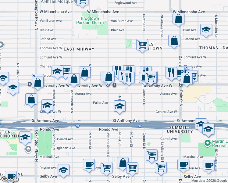 map of restaurants, bars, coffee shops, grocery stores, and more near 827 Aurora Avenue in Saint Paul