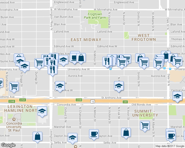 map of restaurants, bars, coffee shops, grocery stores, and more near 929 Aurora Avenue in Saint Paul