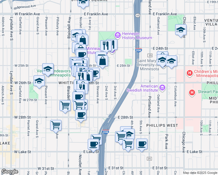 map of restaurants, bars, coffee shops, grocery stores, and more near 2610 3rd Avenue South in Minneapolis