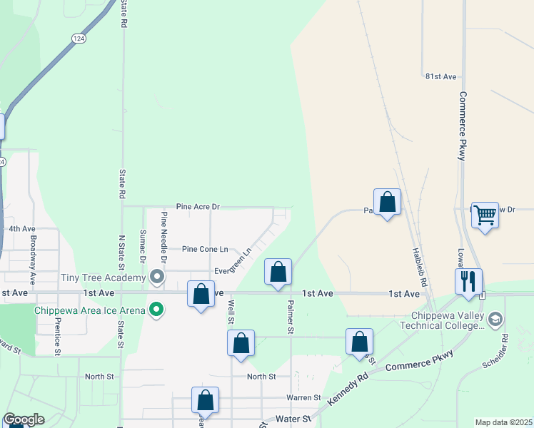 map of restaurants, bars, coffee shops, grocery stores, and more near 1194 Evergreen Lane in Chippewa Falls