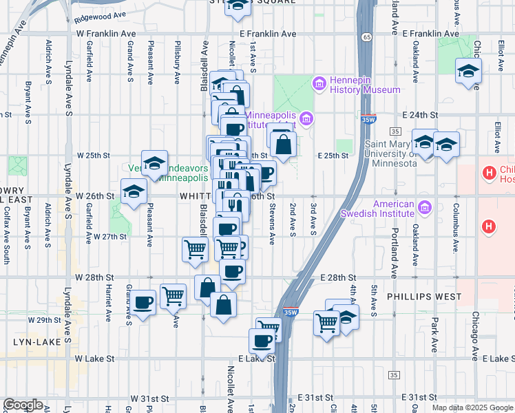 map of restaurants, bars, coffee shops, grocery stores, and more near 2611 1st Avenue South in Minneapolis