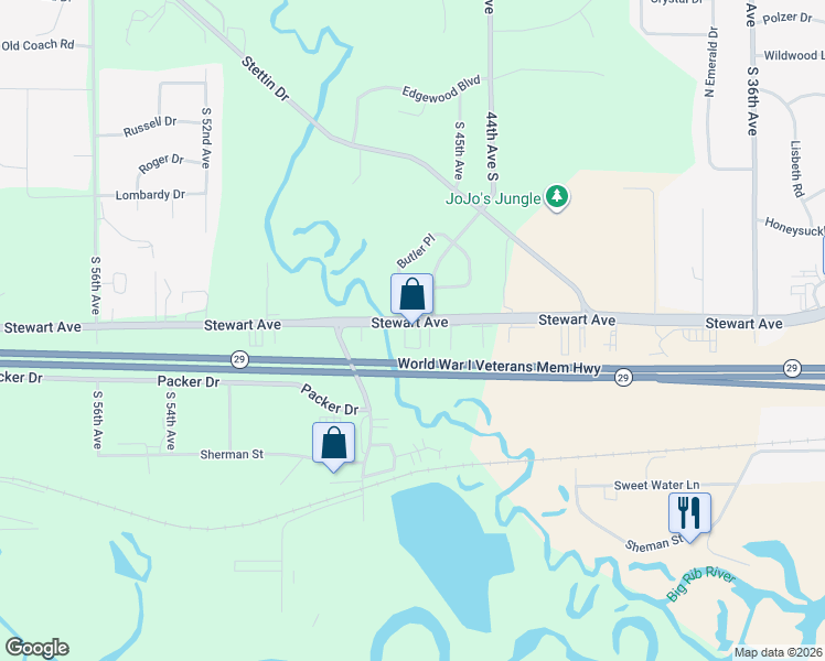 map of restaurants, bars, coffee shops, grocery stores, and more near 4611 Stewart Avenue in Wausau
