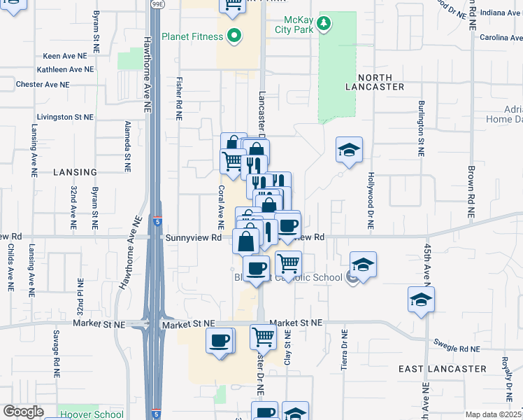 map of restaurants, bars, coffee shops, grocery stores, and more near 2100 Lancaster Drive Northeast in Salem