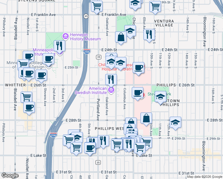 map of restaurants, bars, coffee shops, grocery stores, and more near 2600 Park Avenue South in Minneapolis