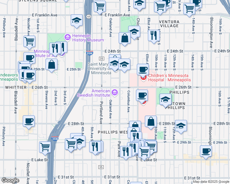 map of restaurants, bars, coffee shops, grocery stores, and more near 2600 Park Avenue in Minneapolis