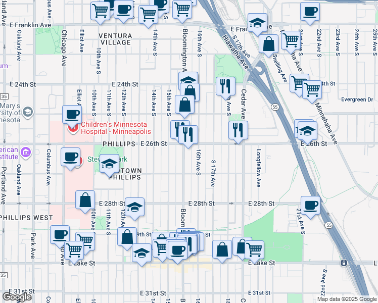 map of restaurants, bars, coffee shops, grocery stores, and more near 2607 Bloomington Avenue in Minneapolis