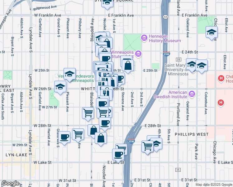 map of restaurants, bars, coffee shops, grocery stores, and more near 2611 1st Avenue South in Minneapolis