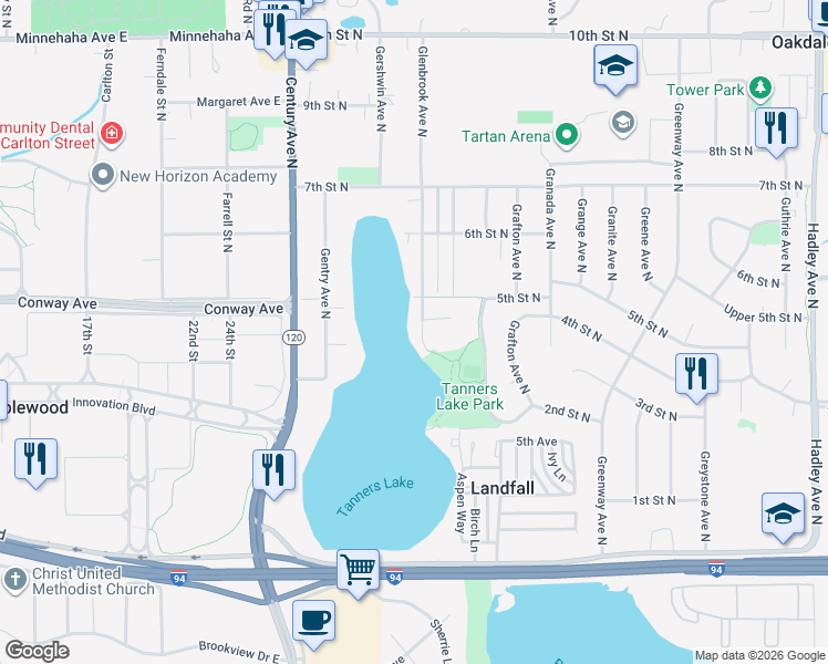 map of restaurants, bars, coffee shops, grocery stores, and more near 428 Glenbrook Avenue North in Oakdale