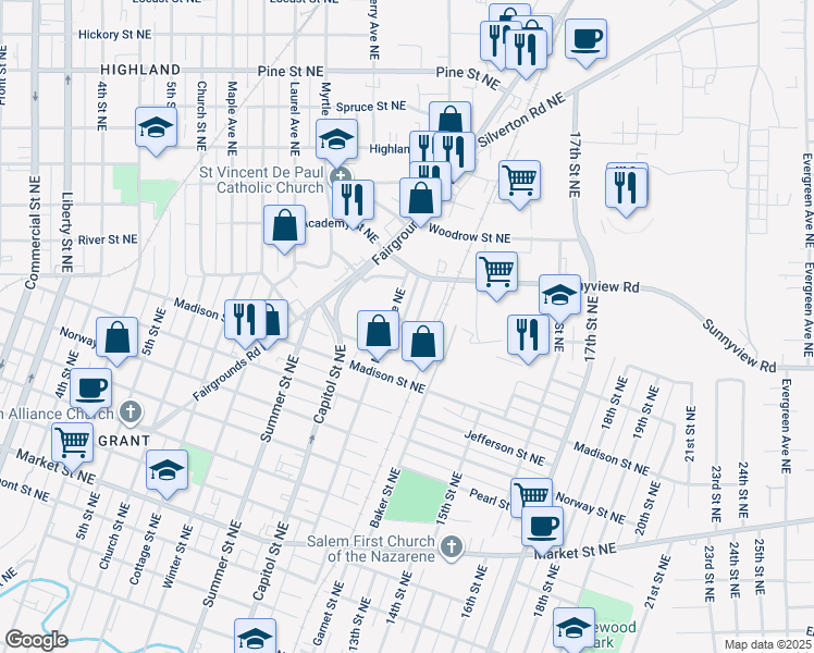 map of restaurants, bars, coffee shops, grocery stores, and more near 1981 Warner Street Northeast in Salem