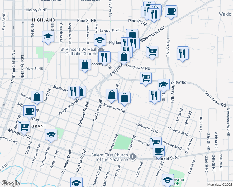 map of restaurants, bars, coffee shops, grocery stores, and more near 1981 Warner Street Northeast in Salem