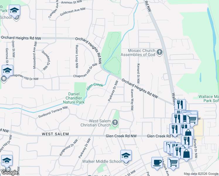 map of restaurants, bars, coffee shops, grocery stores, and more near 1370 Parkway Drive Northwest in Salem