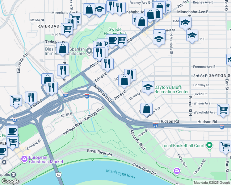 map of restaurants, bars, coffee shops, grocery stores, and more near 656 4th Street East in Saint Paul