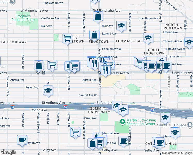map of restaurants, bars, coffee shops, grocery stores, and more near 639 Aurora Avenue in Saint Paul