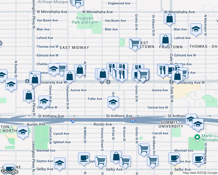 map of restaurants, bars, coffee shops, grocery stores, and more near 827 Aurora Avenue in Saint Paul