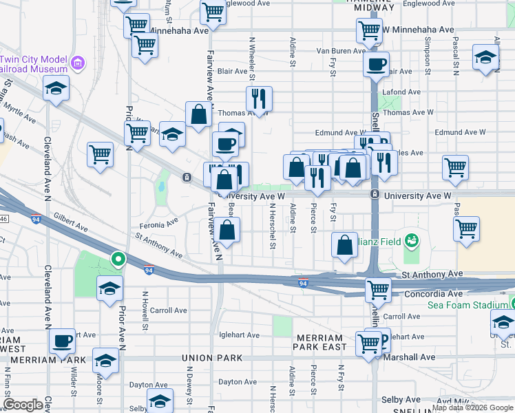 map of restaurants, bars, coffee shops, grocery stores, and more near 468 North Wheeler Street in Saint Paul