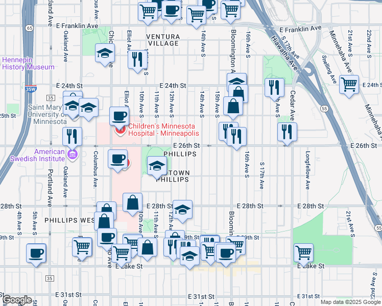 map of restaurants, bars, coffee shops, grocery stores, and more near 2618 13th Avenue South in Minneapolis