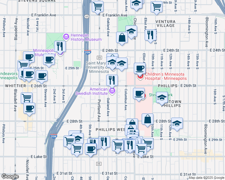 map of restaurants, bars, coffee shops, grocery stores, and more near 2600 Park Avenue in Minneapolis